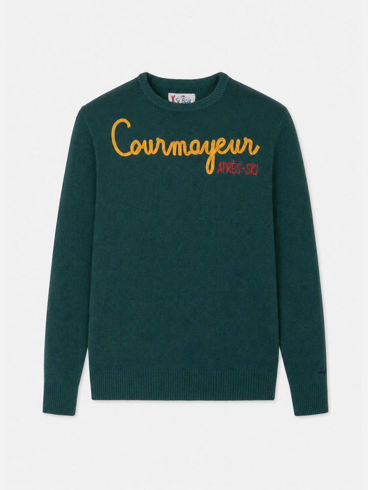 Maglia girocollo Heron verde scuro con ricamo Courmayeur Après Ski