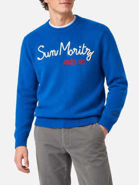 Blue Heron crewneck sweater with St. Moritz Après Ski embroidery