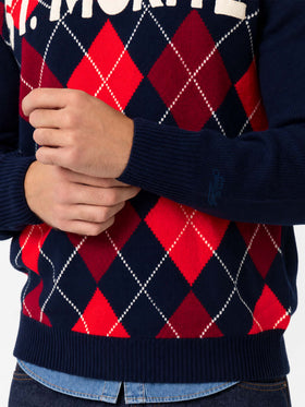 Red and blue Heron argyle sweater with St. Moritz jacquard