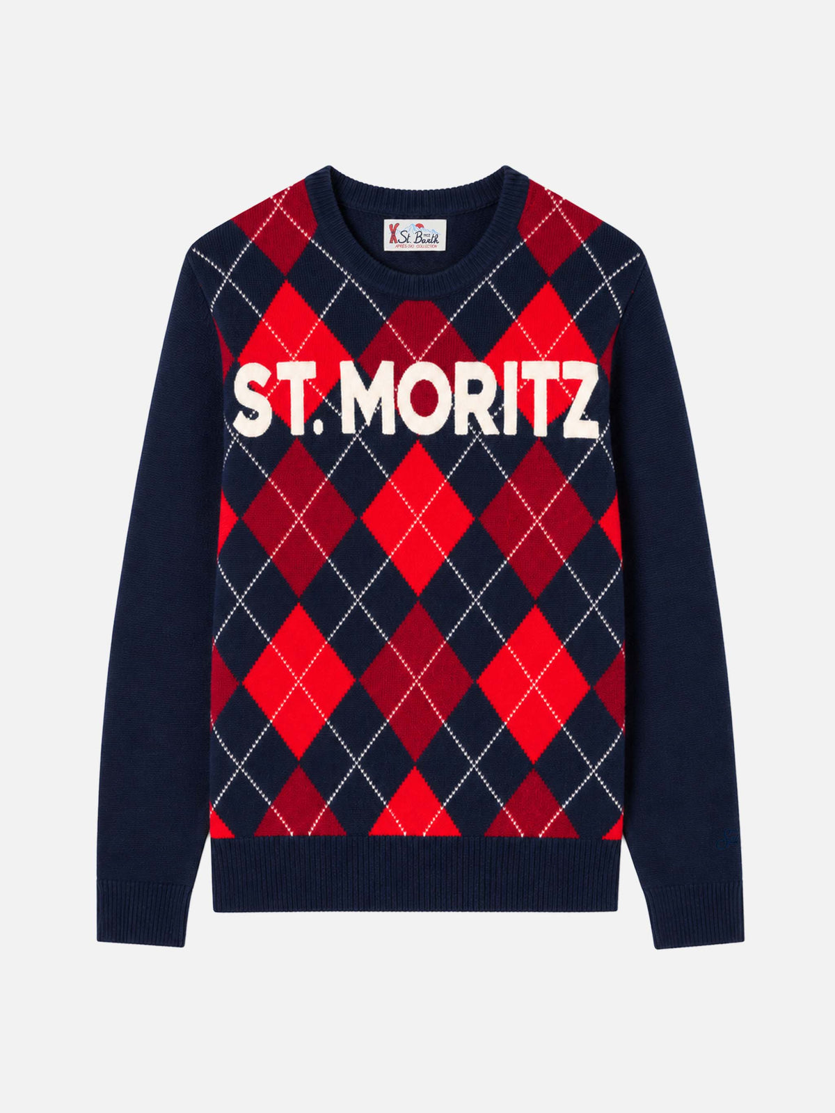 Red and blue Heron argyle sweater with St. Moritz jacquard