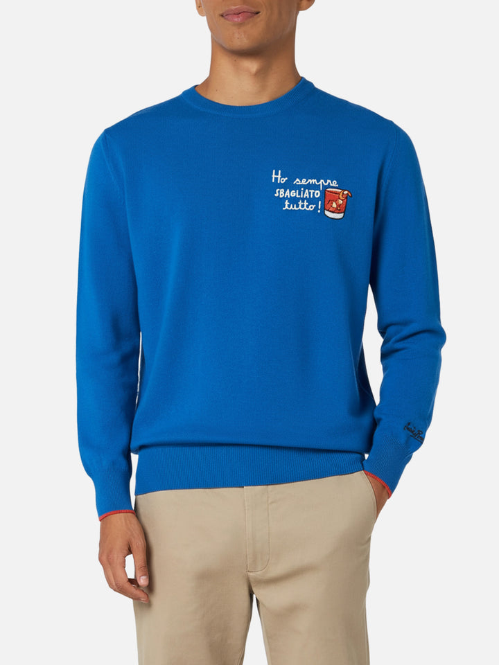 Man ski blue sweater Heron with Ho sempre sbagliato tutto embroidery