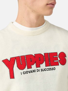 Heron Light Pullover in Weiß mit Yuppies-Jacquardmuster und Stickerei | YUPPIES SONDEREDITION