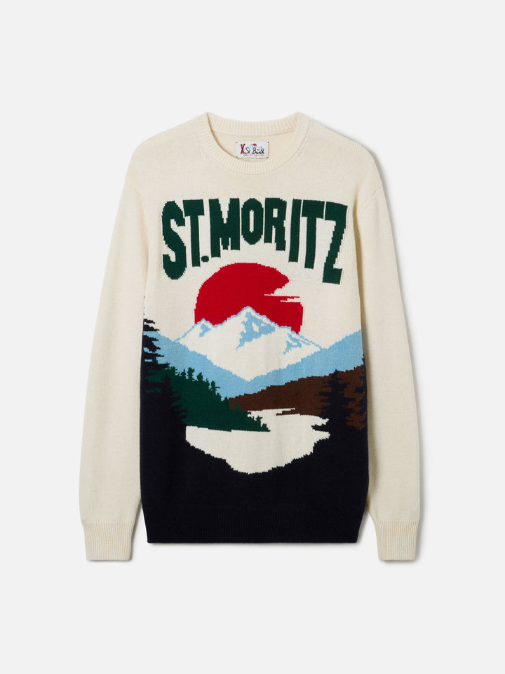 White Heron sweater with St. Moritz postcard jacquard
