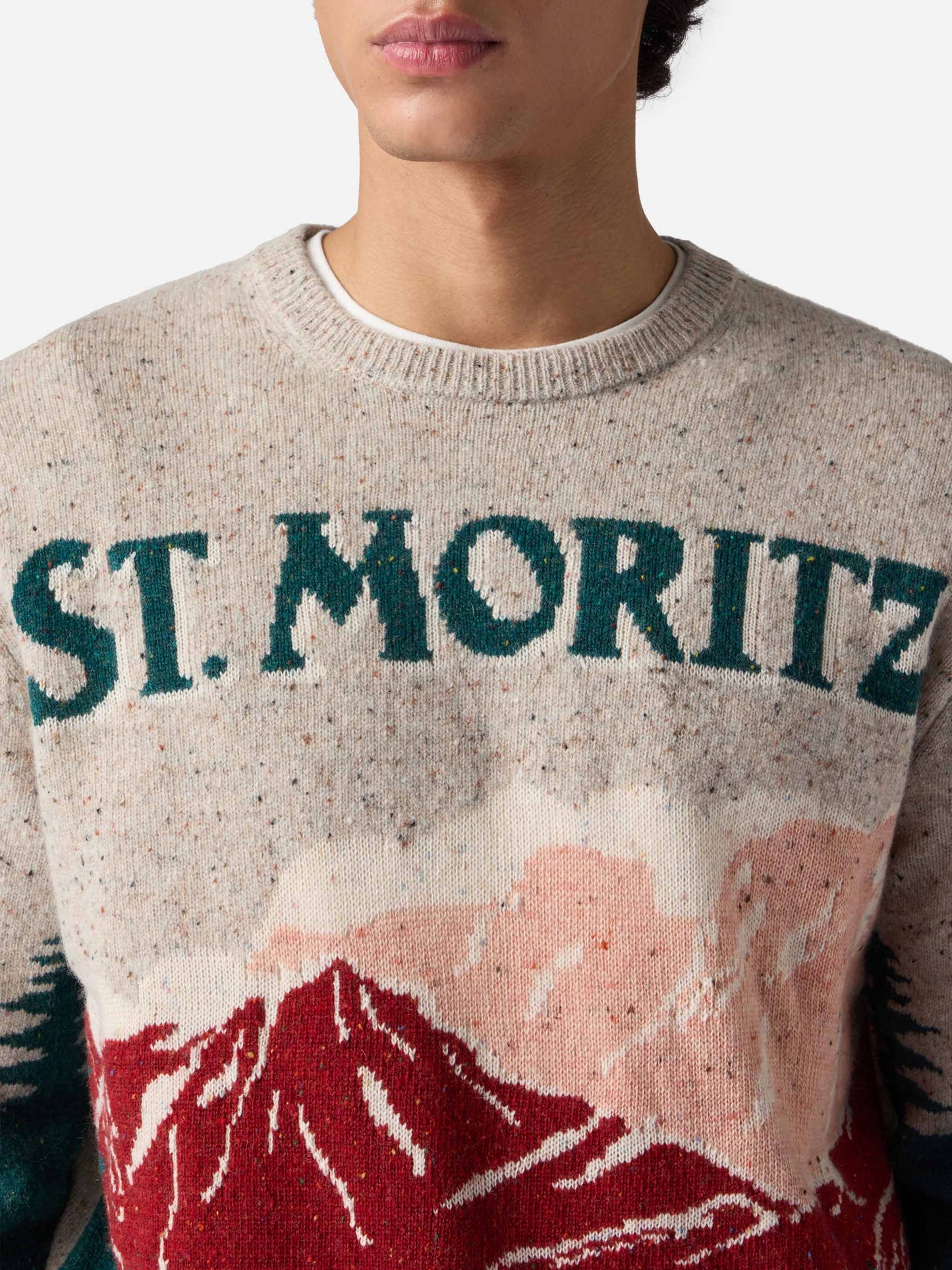 Crewneck donegal sweater Heron with St. Moritz postcard jacquard