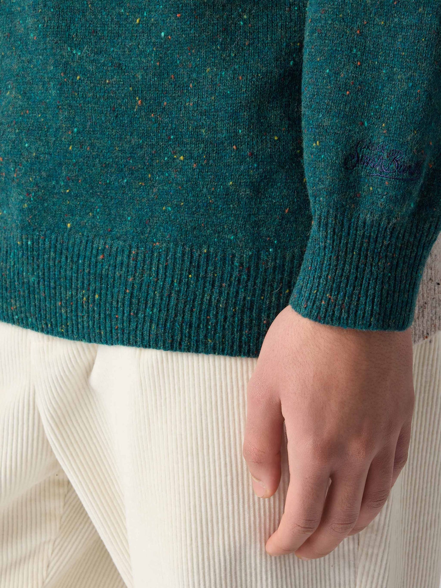 Crewneck donegal sweater Heron with St. Moritz postcard jacquard