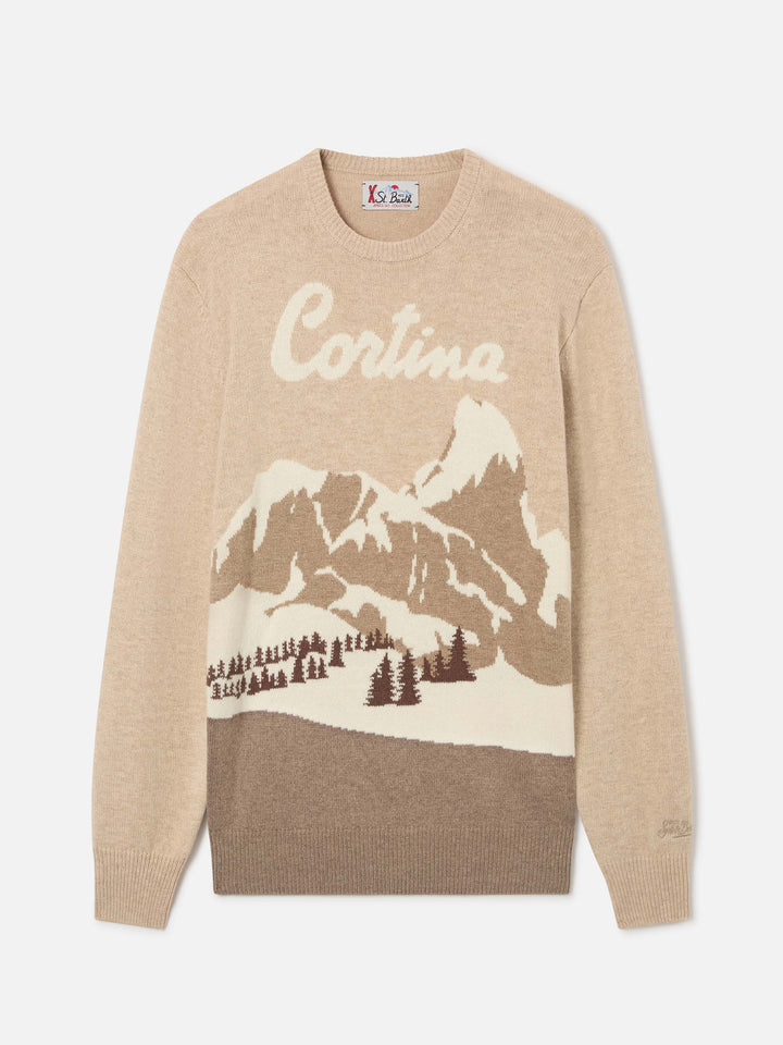 Beige Heron crewneck knit with Cortina intarsia