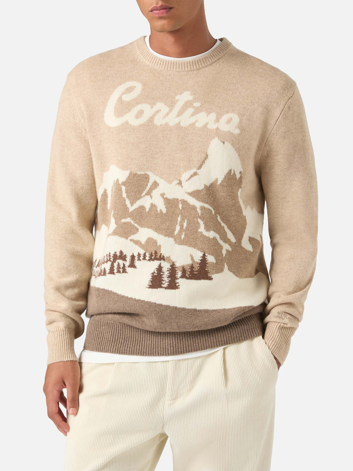 Maglia girocollo Heron beige con intarsio Cortina