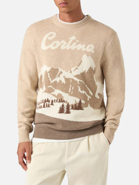 Maglia girocollo Heron beige con intarsio Cortina