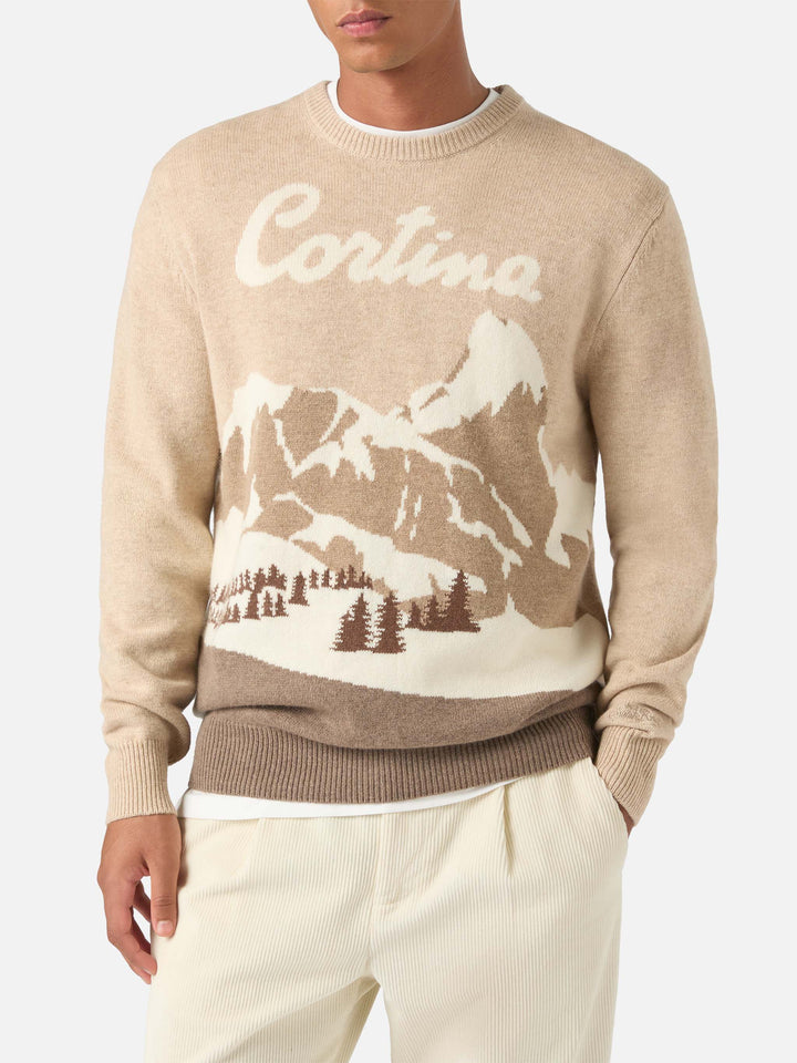 Beige Heron crewneck knit with Cortina intarsia
