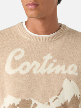 Maglia girocollo Heron beige con intarsio Cortina