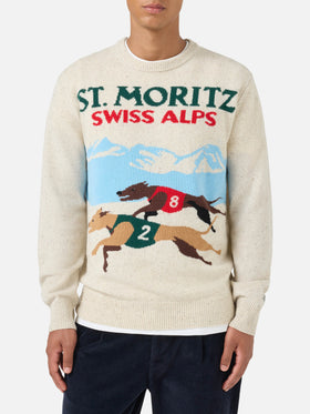 Weißer Pullover Heron mit St. Moritz-Postkartenmotiv 