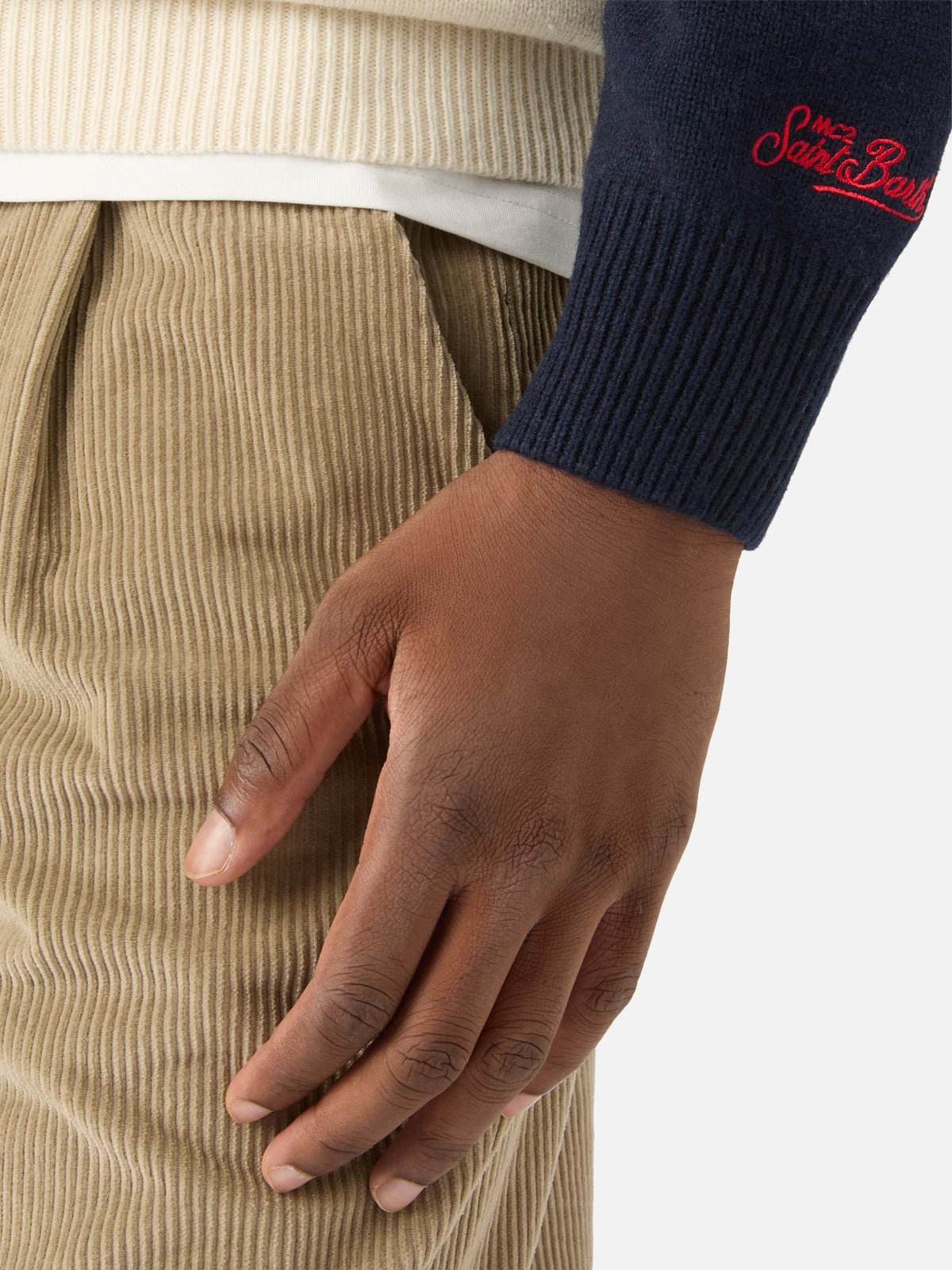 Jersey de punto con cuello redondo Heron Navy blue con intarsia y bordado St. Moritz | Special edition 