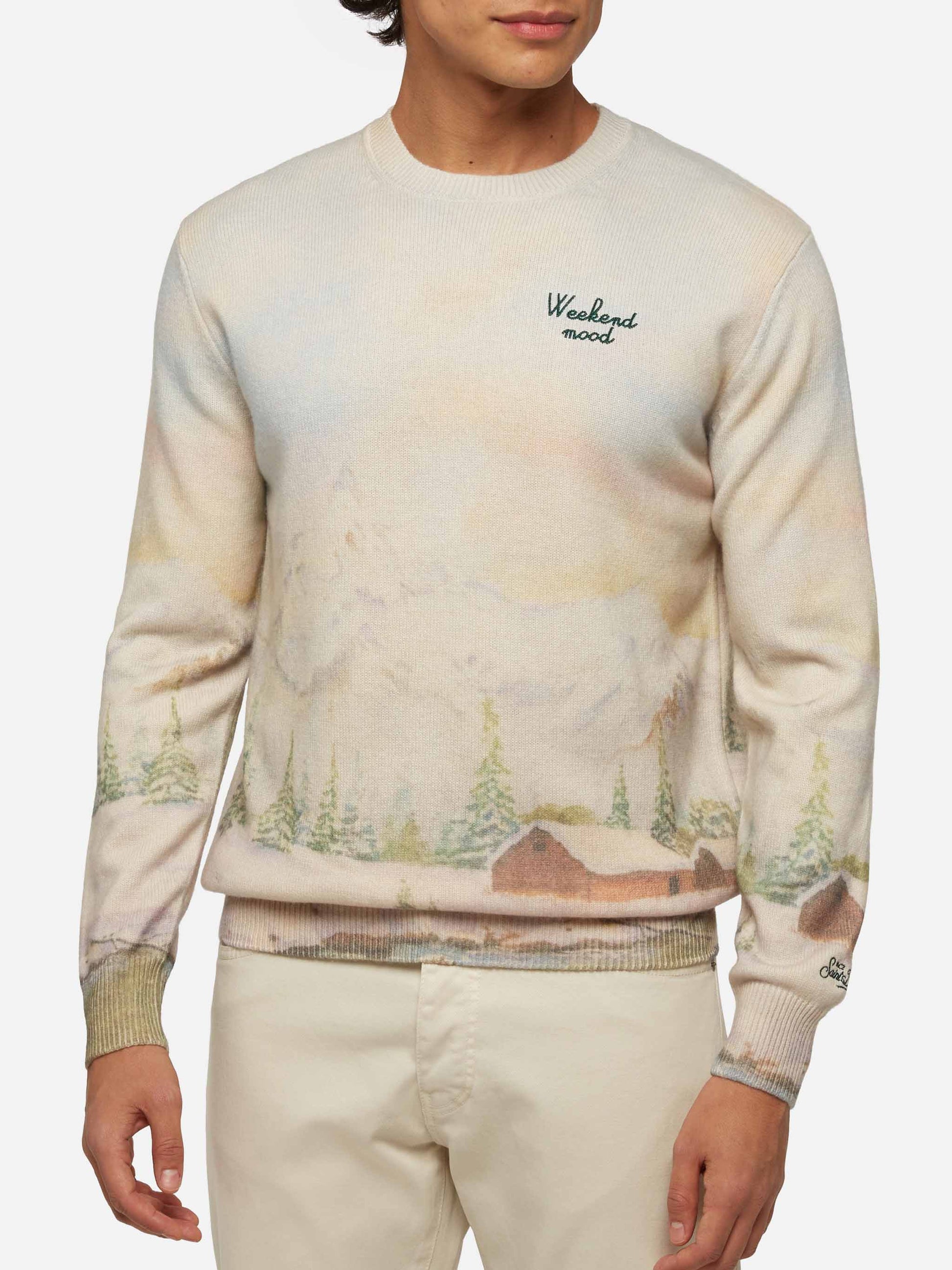 Crewneck sweater Heron with landscape print and Weekend mood embroidery - MC2 Saint Barth