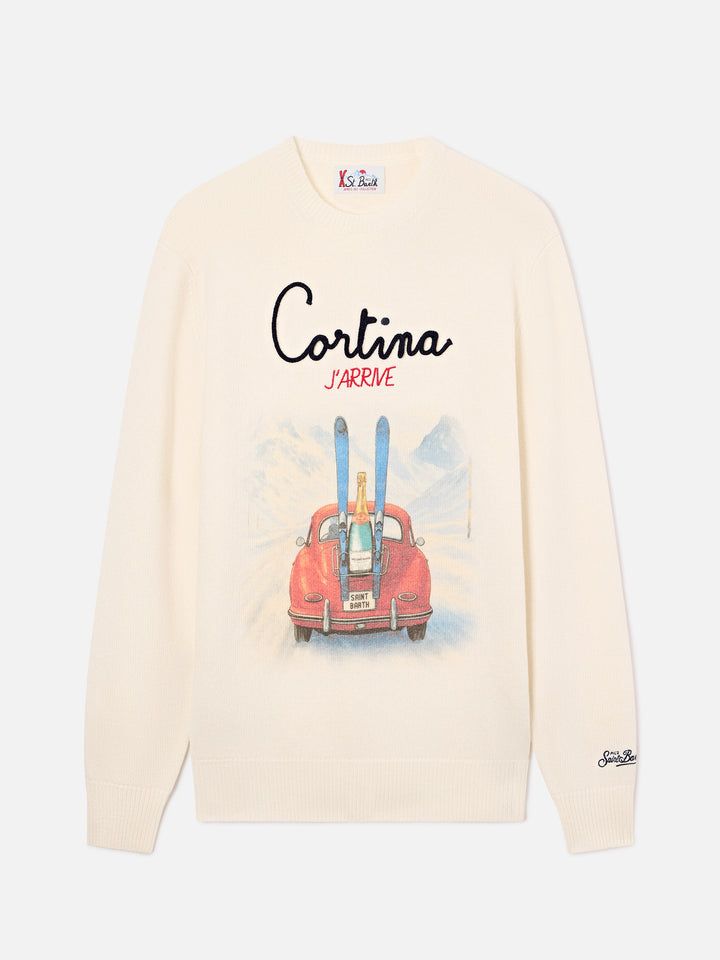 Pull col rond Grey Heron en mélange de laine et cachemire avec intarsia et broderie Cortina J'arrive 
