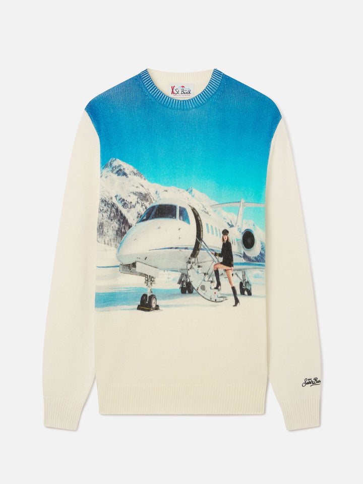 Grey Heron wool and cashmere blend crewneck with private jet intarsia and embroidery | Special edition