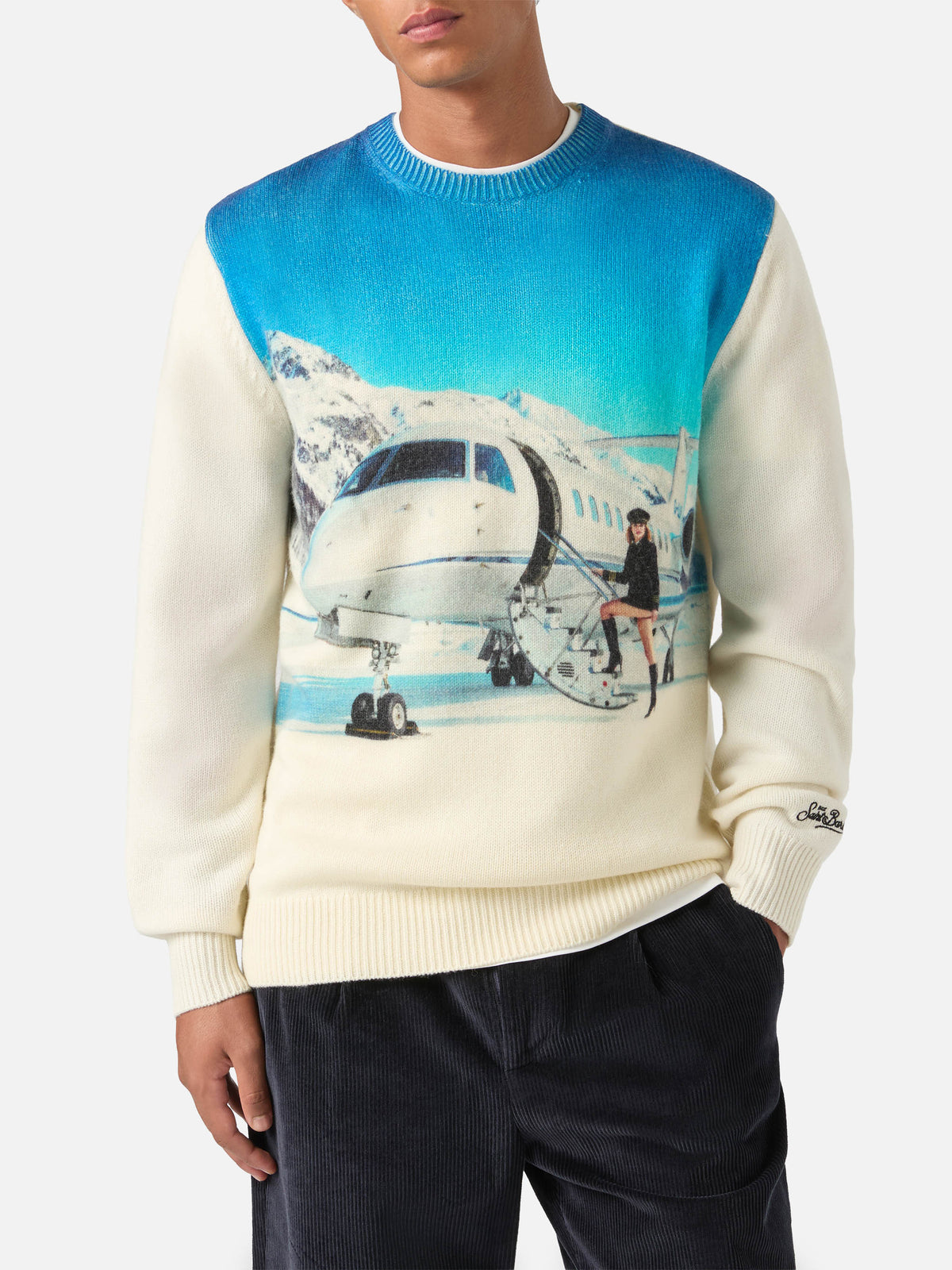 Jersey de cuello redondo Grey Heron en mezcla de lana y cachemira con intarsia y bordado private jet | Special edition 