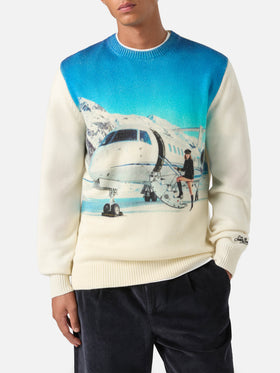 Jersey de cuello redondo Grey Heron en mezcla de lana y cachemira con intarsia y bordado private jet | Special edition 