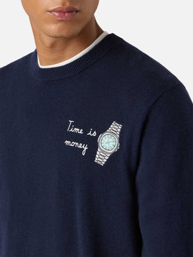 Crewneck sweater Heron Light with Time is Money clock embroidery