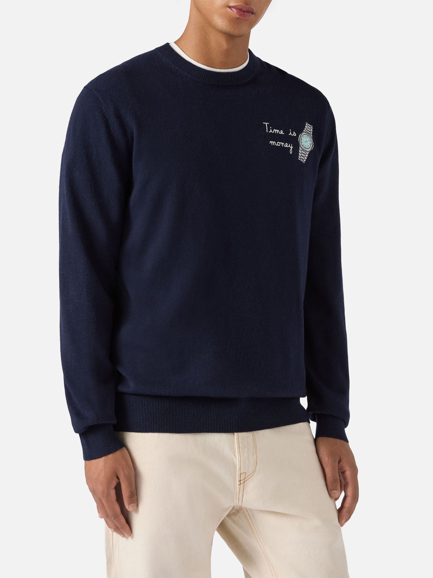 Crewneck sweater Heron Light with Time is Money clock embroidery