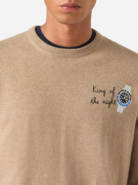 Beige Heron Light wool and cashmere blend crewneck with King Of The Night embroidery