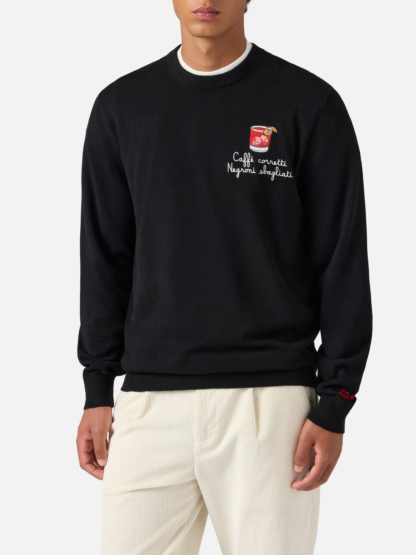 Crewneck sweater Heron Light with Caffè Corretti Negroni Sbagliati embroidery