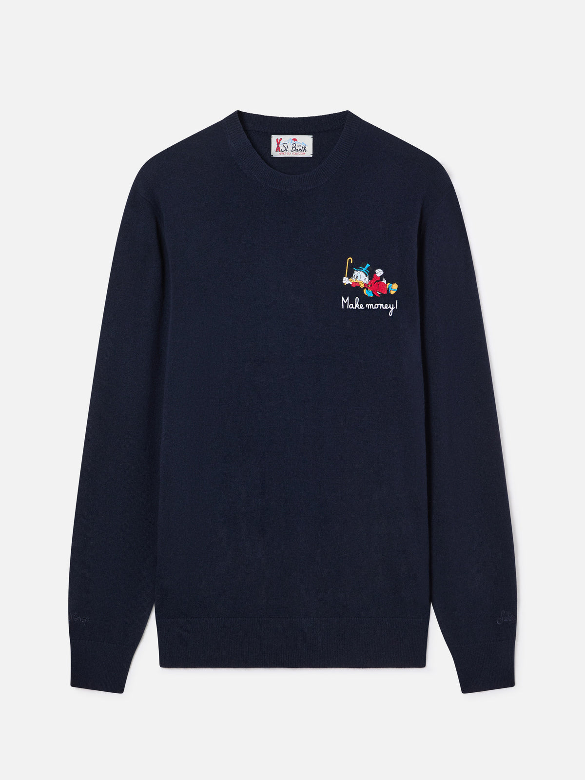 Navy blue Heron Rundhalspullover aus leichter Woll- und Kaschmirmischung mit Scrooge-McDuck-Stickerei | Special edition 