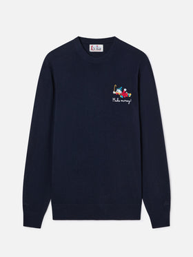 Navy blue Heron Rundhalspullover aus leichter Woll- und Kaschmirmischung mit Scrooge-McDuck-Stickerei | Special edition 