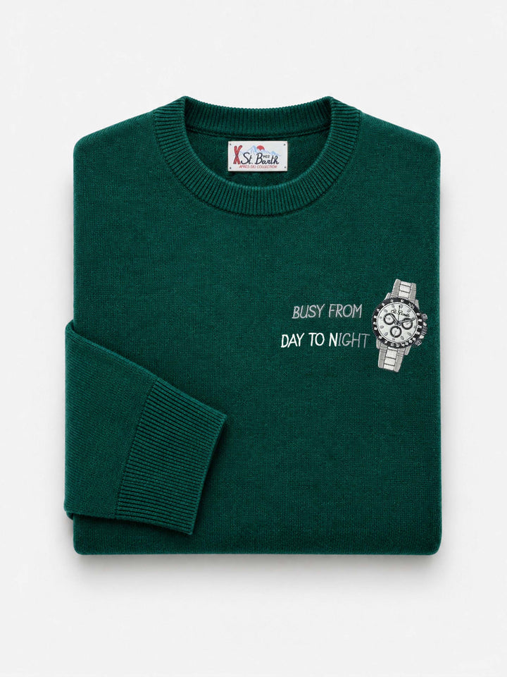 Dark green Heron Light crewneck sweater with Busy from day to night heart embroidery