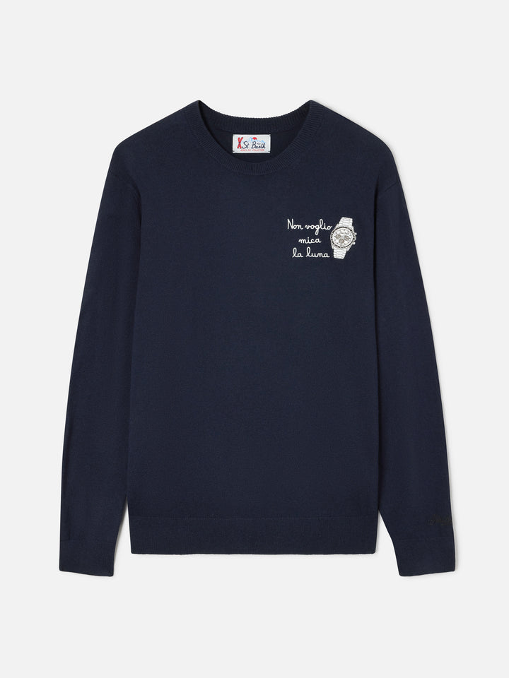 Navy blue Heron Rundhalspullover aus leichter Woll- und Kaschmirmischung mit Non Voglio Mica La Luna-Stickerei 