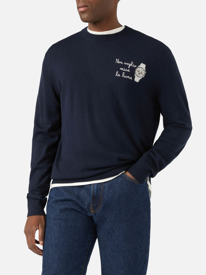 Navy blue Heron Rundhalspullover aus leichter Woll- und Kaschmirmischung mit Non Voglio Mica La Luna-Stickerei 