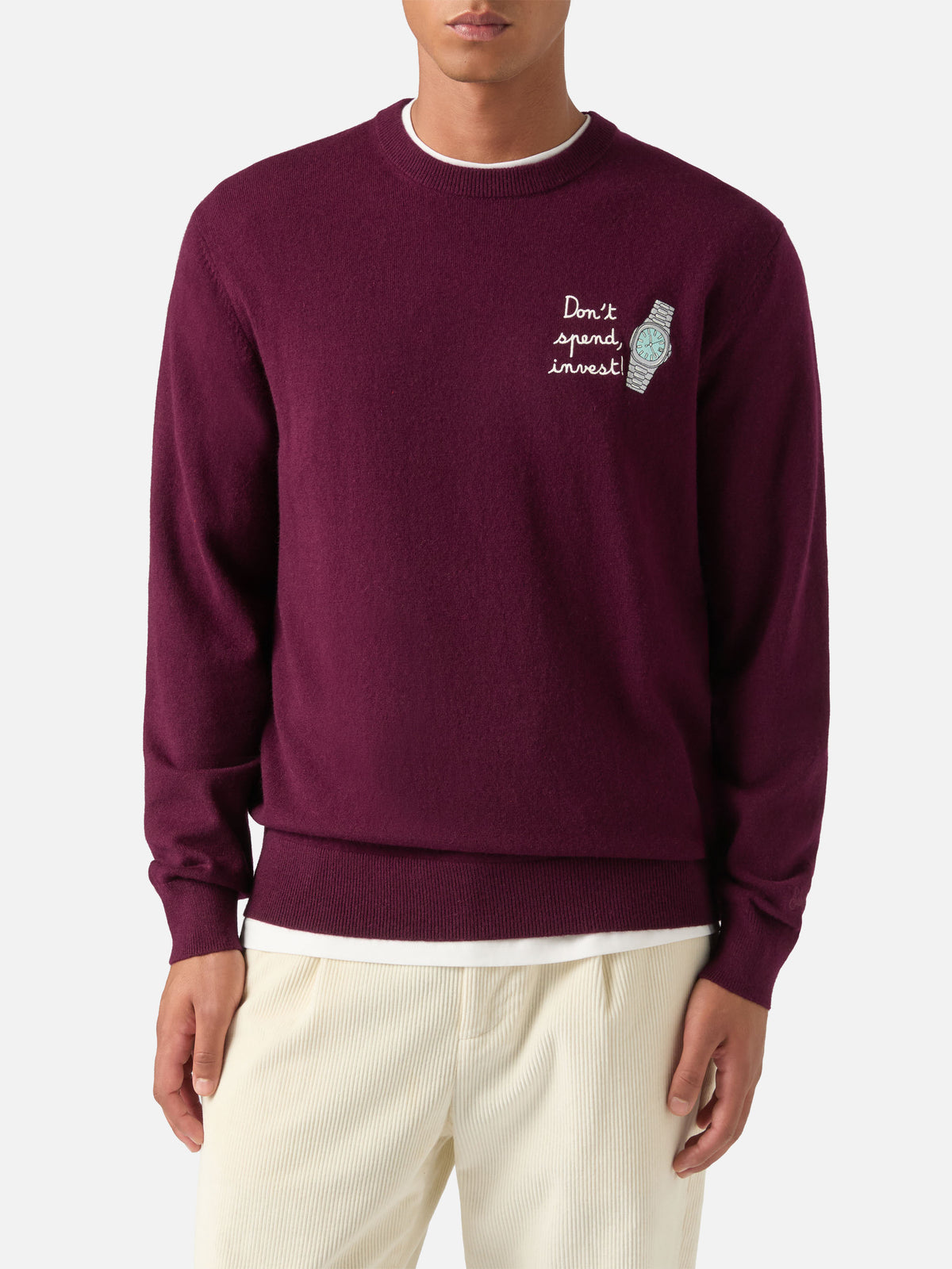 Burgundy Heron Rundhalspullover aus leichter Woll- und Kaschmirmischung mit Don't Spend, Invest-Stickerei 