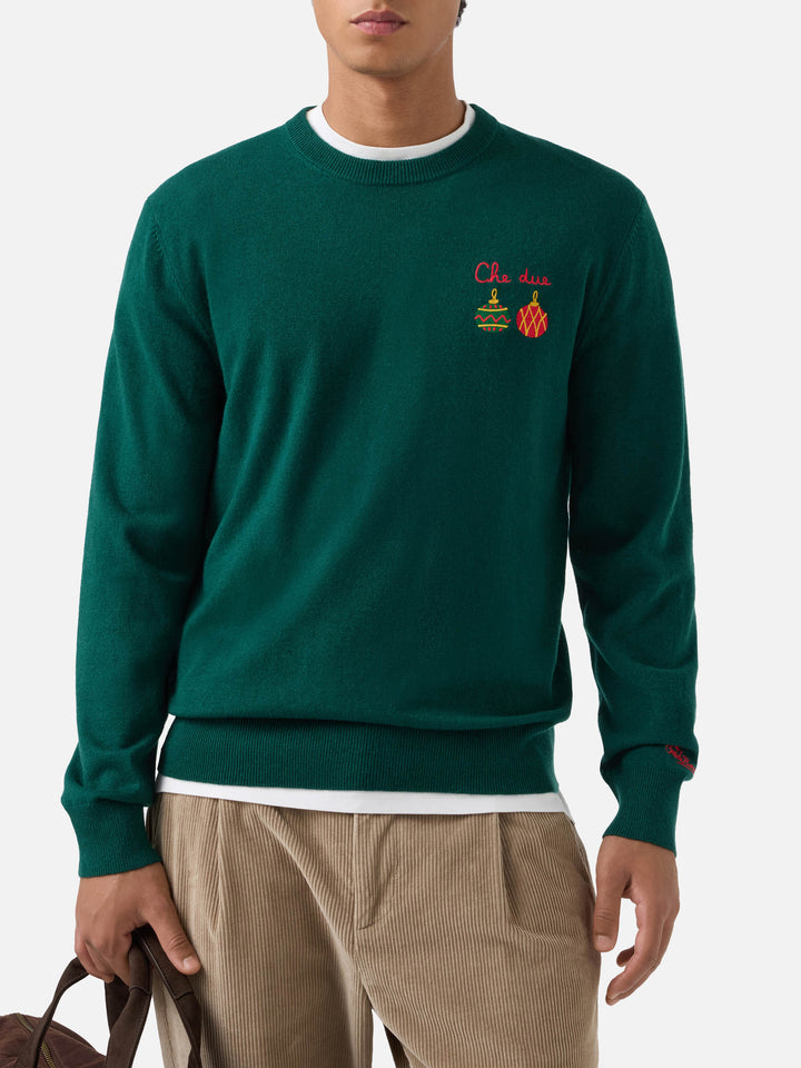 Maglia girocollo Heron Light verde in misto lana e cashmere con ricamo Che Due