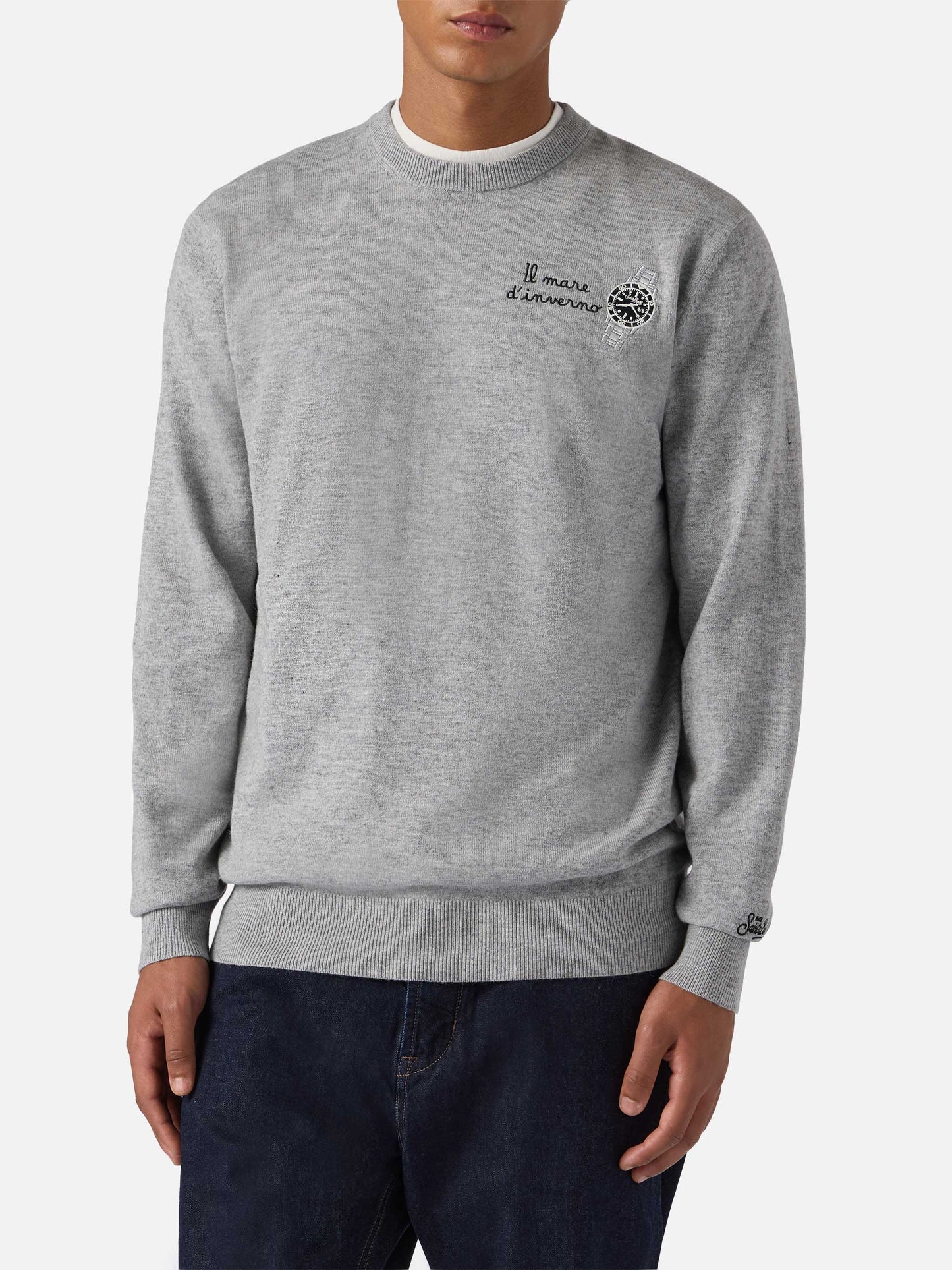 Crewneck sweater Heron Light with Il mare d'inverno embroidery