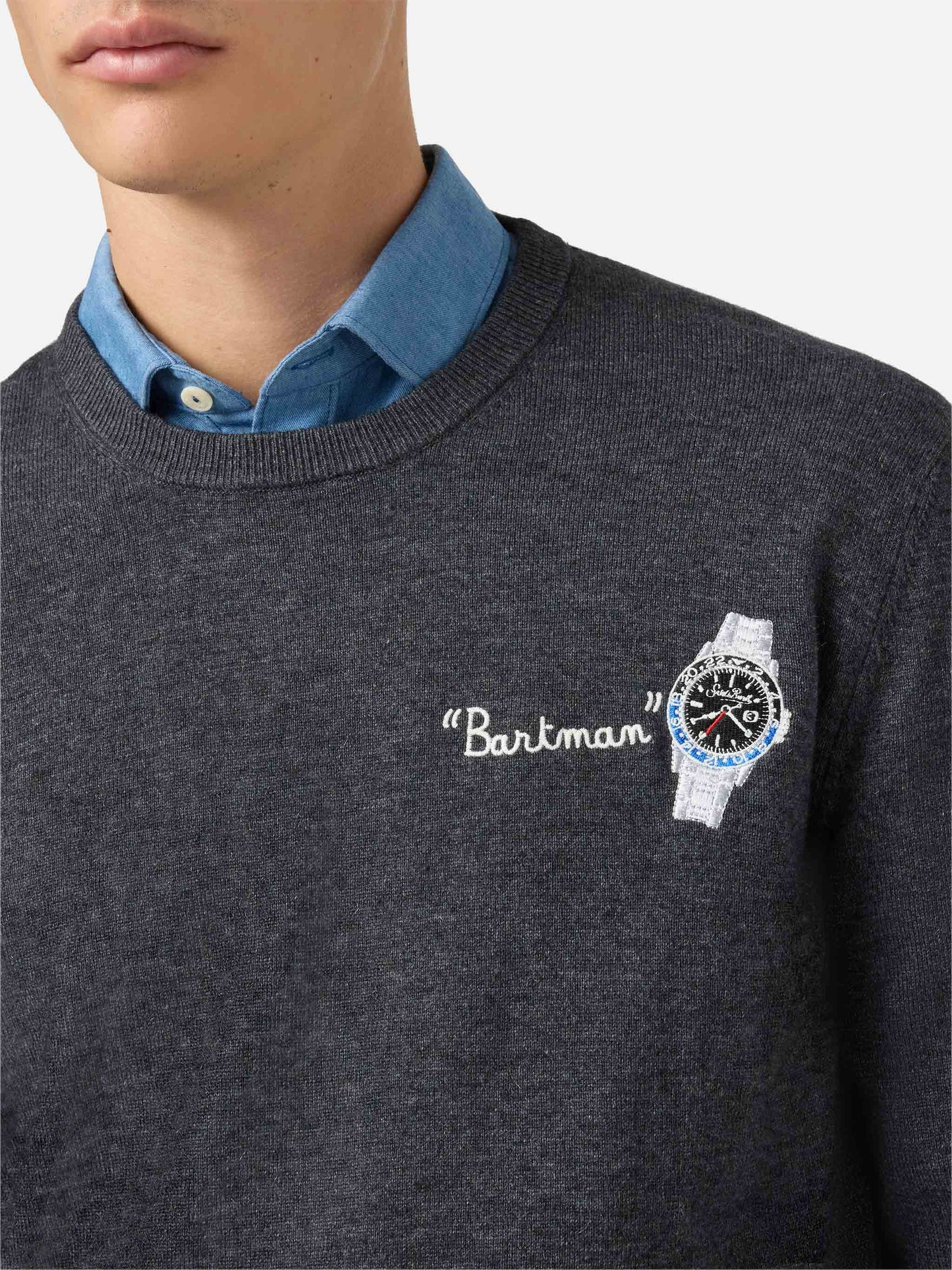 Rundhalspullover Heron Light mit Bartman-Stickerei