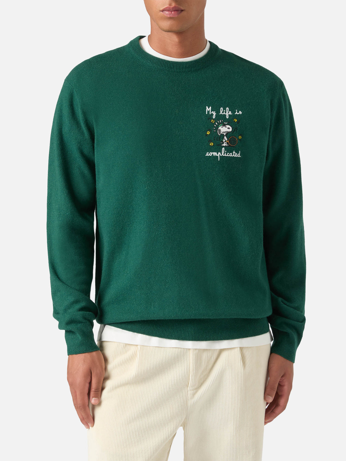 Green Heron Light wool and cashmere blend crewneck with Snoopy embroidery | Special edition