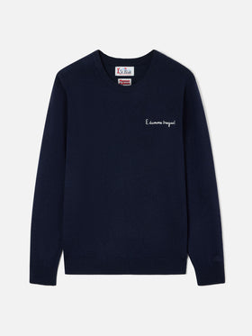 Navy blue Heron Light wool and cashmere blend crewneck with E Damme Tregua embroidery | Special edition