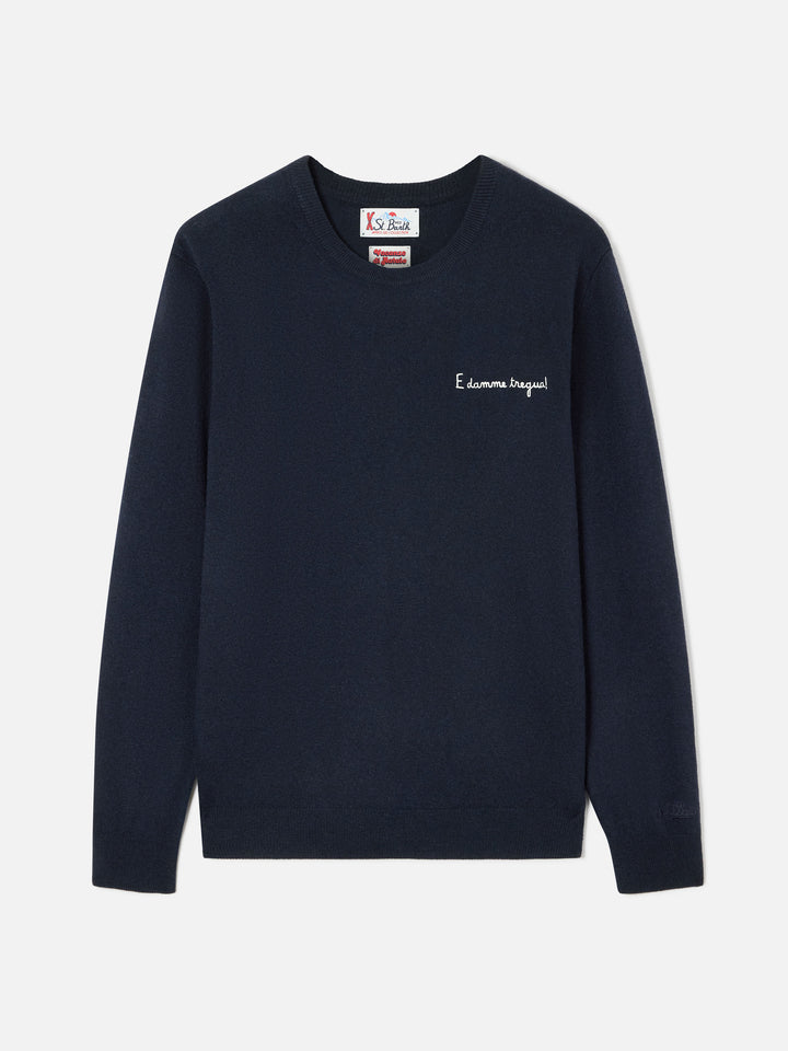 Navy blue Heron Rundhalsausschnitt aus leichtem Wolle-Kaschmir-Mix mit E Damme Tregua-Stickerei | Special edition 