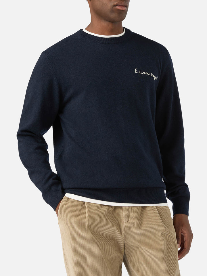 Navy blue Heron Rundhalsausschnitt aus leichtem Wolle-Kaschmir-Mix mit E Damme Tregua-Stickerei | Special edition 