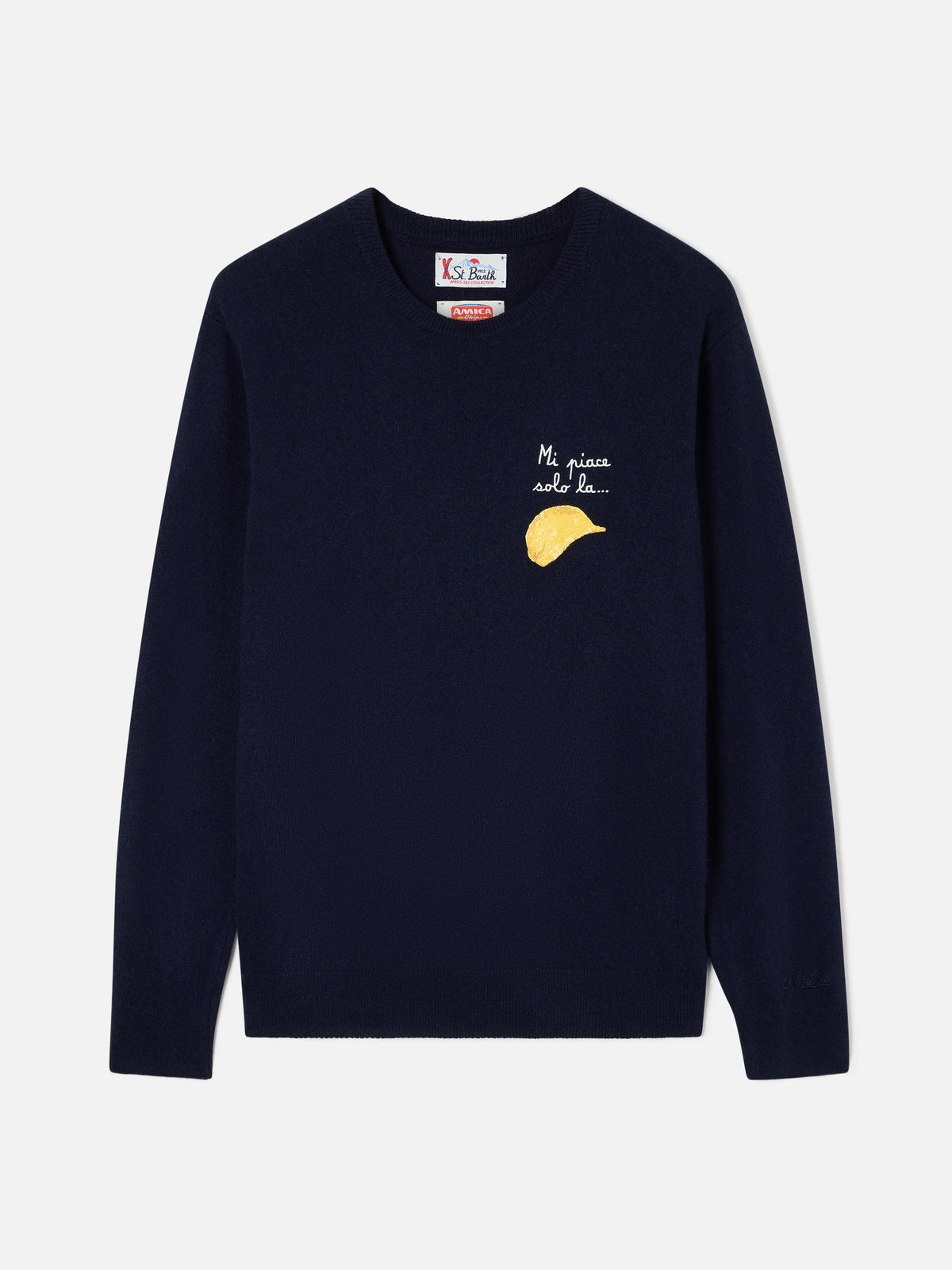 Bleu marine blue Heron col rond en mélange de laine légère et cachemire avec broderie Amica Chips | Special edition 