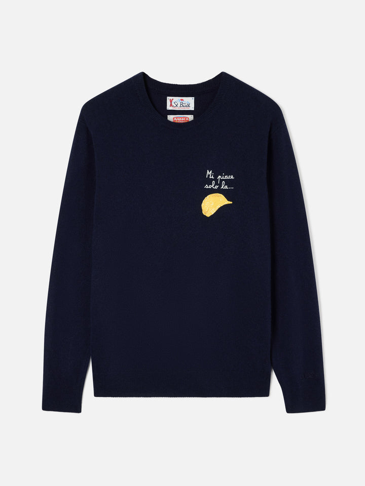Maglia girocollo Heron Light blu navy in misto lana e cashmere con ricamo Amica Chips | Special edition