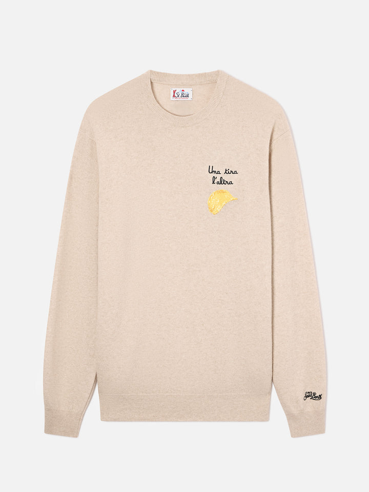 Beige Heron Rundhalspullover aus einer leichten Woll- und Kaschmirmischung mit Amica Chips-Stickerei | Special edition 