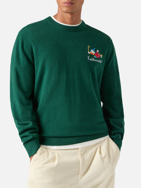 Green Heron jersey de cuello redondo en mezcla de lana ligera y cachemir con bordado de Scrooge McDuck | Special edition 