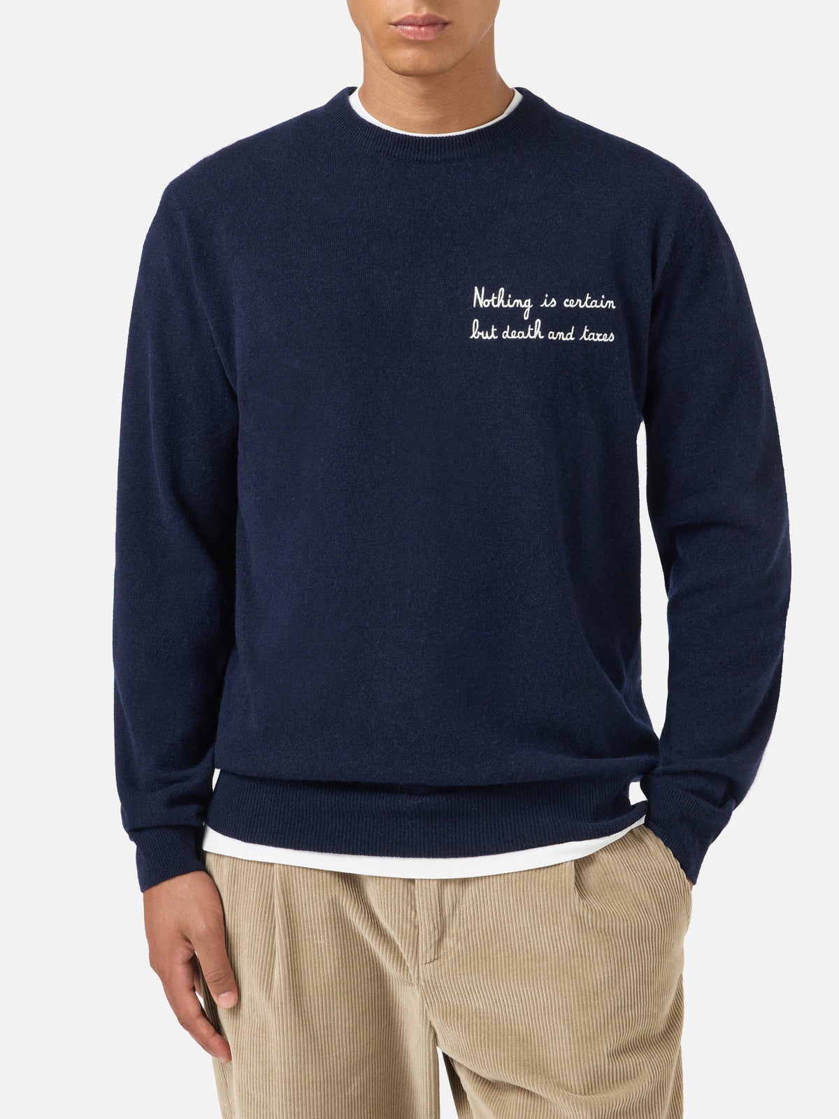 Navy blue Heron Light wool and cashmere blend crewneck with Nothing Is Certain embroidery | Special edition