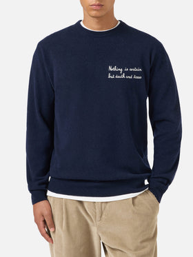 Navy blue Heron Light wool and cashmere blend crewneck with Nothing Is Certain embroidery | Special edition