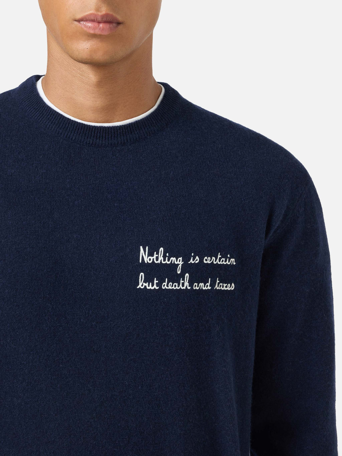 Navy blue Heron Light wool and cashmere blend crewneck with Nothing Is Certain embroidery | Special edition