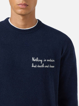 Navy blue Heron Light wool and cashmere blend crewneck with Nothing Is Certain embroidery | Special edition
