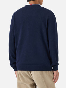 Navy blue Heron Light wool and cashmere blend crewneck with Nothing Is Certain embroidery | Special edition