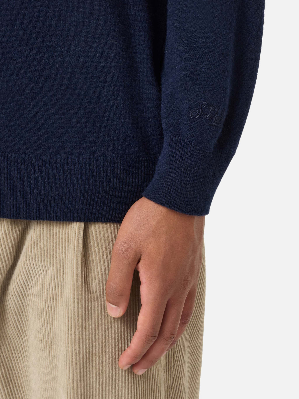 Navy blue Heron Light wool and cashmere blend crewneck with Nothing Is Certain embroidery | Special edition