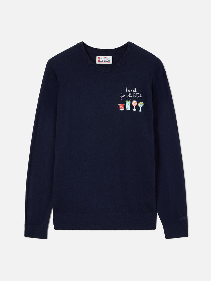 Maglia girocollo Heron Light blu navy in misto lana e cashmere con ricamo Big 4