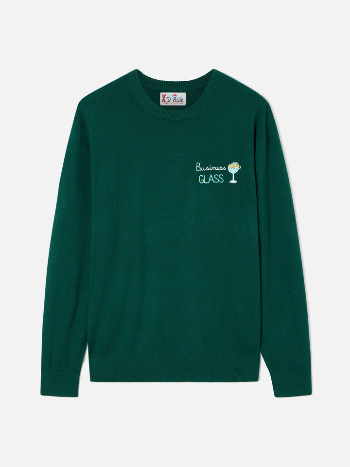 Maglia girocollo Heron Light verde in misto lana e cashmere con ricamo Business Glass